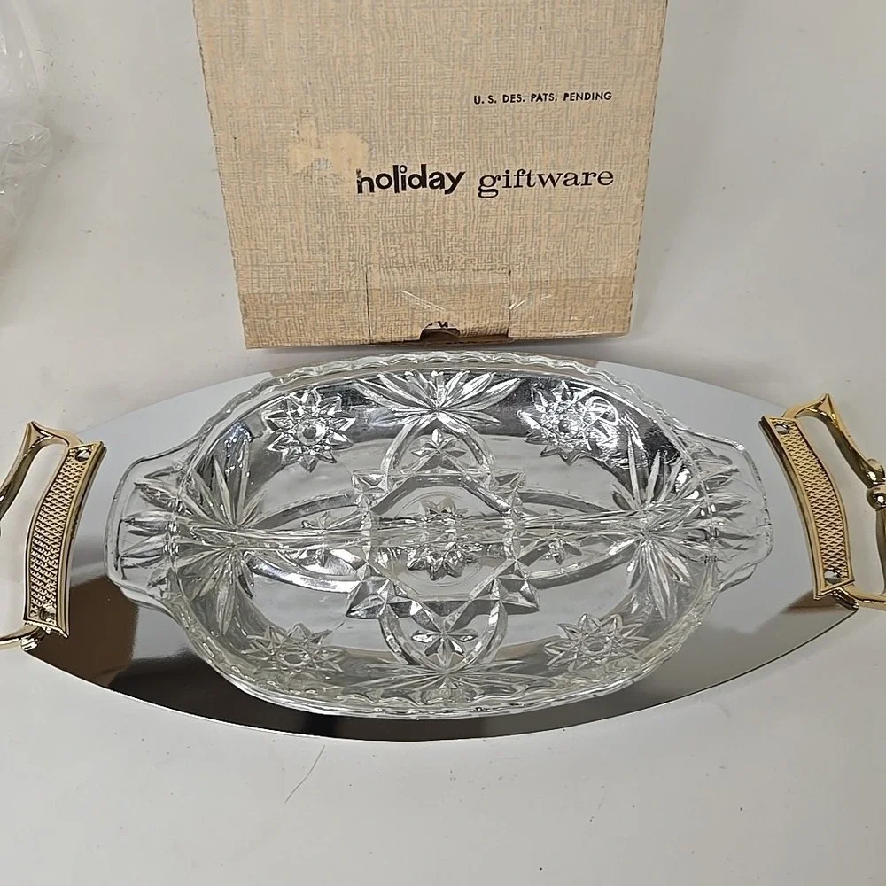 MCM‎ Art Deco Kromex Chrome Relish Aerver w/ Brass Handles